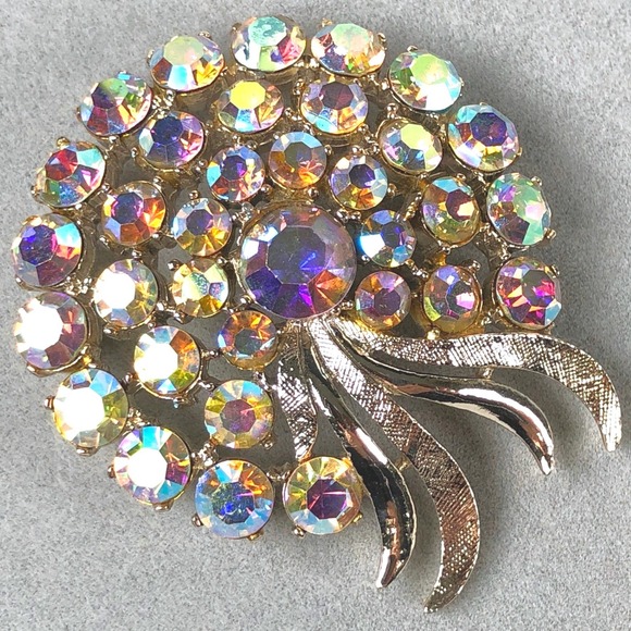 Art Jewelry - Vtg 50s Arthur Pepper Brooch Aurora Borealis Rhinestone Gold Tone Floral Spray